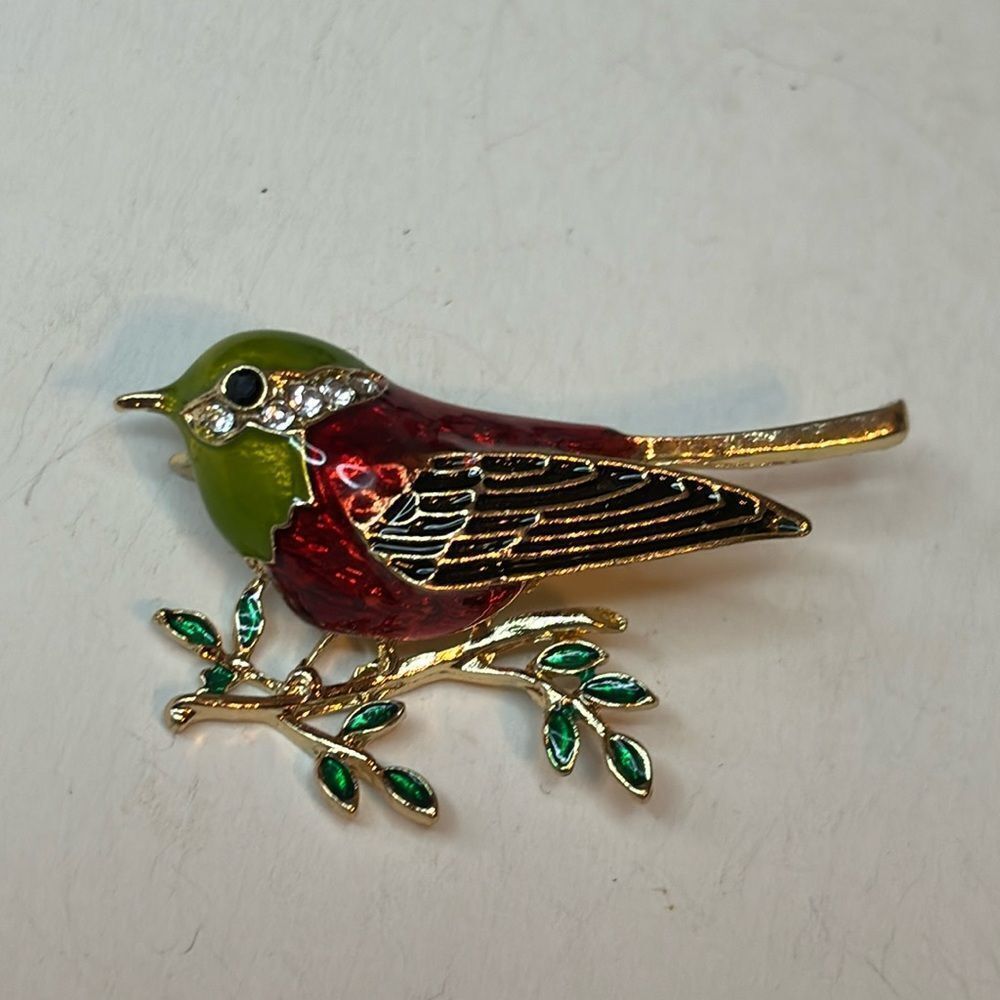 Colorful green and red enamel bird gold tone pin brooch statement jewelry